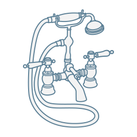 iconography image of a bath shower mixer tap with lever handles and telephone shower handset