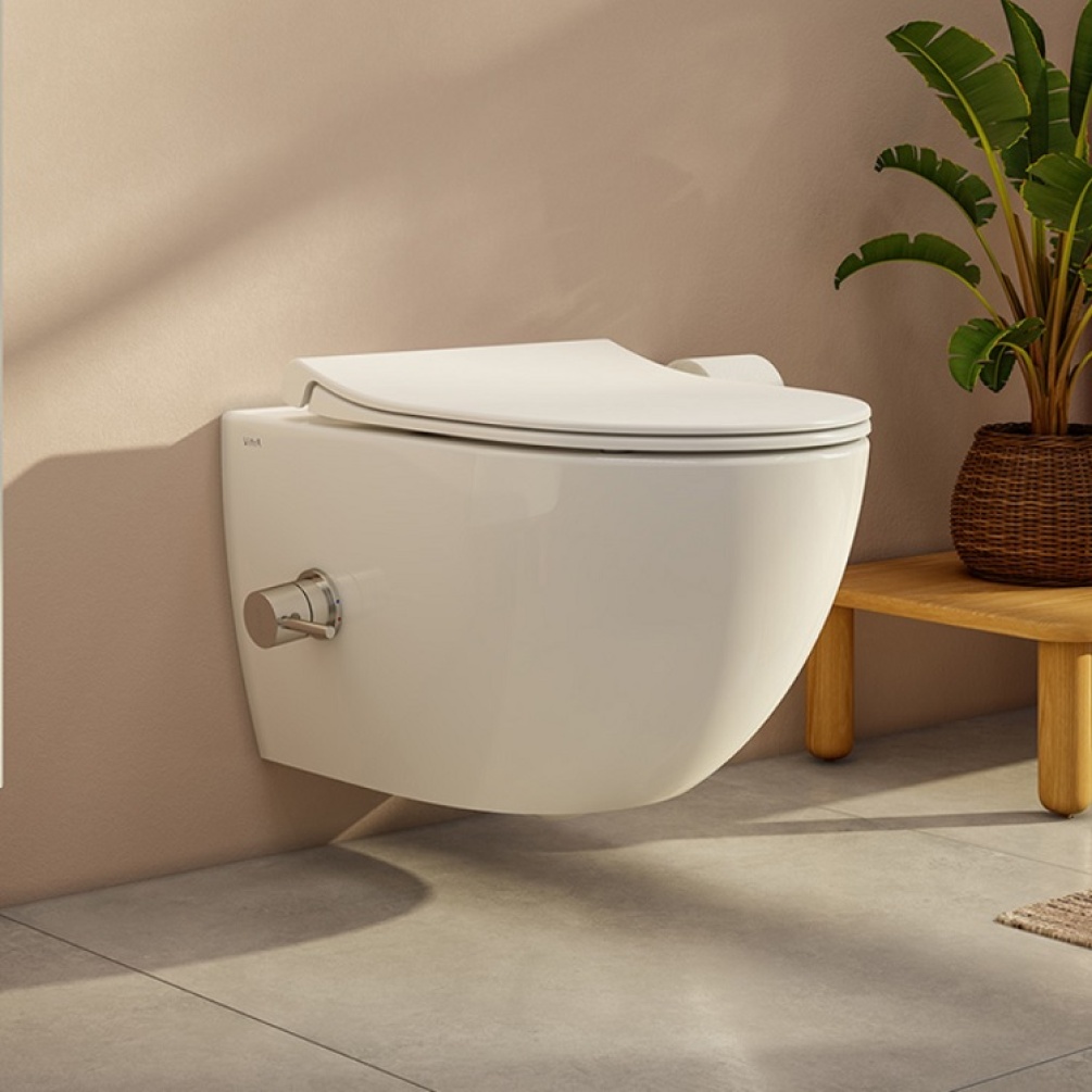 Product lifestyle photo of VitrA Sento Aquacare Wall Hung Bidet Shower Toilet with Integrated Thermostatic Stop Mixer Valve with Soft Close Seat in bathroom 7748B003-6205 /77480036205