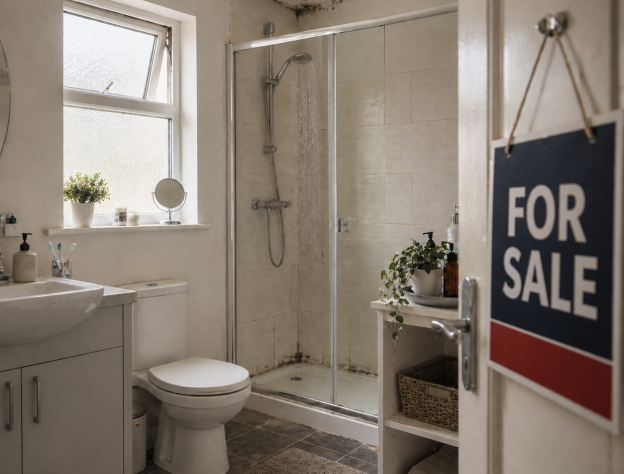 Image of a bathroom with a 'For Sale' sign on the front door
