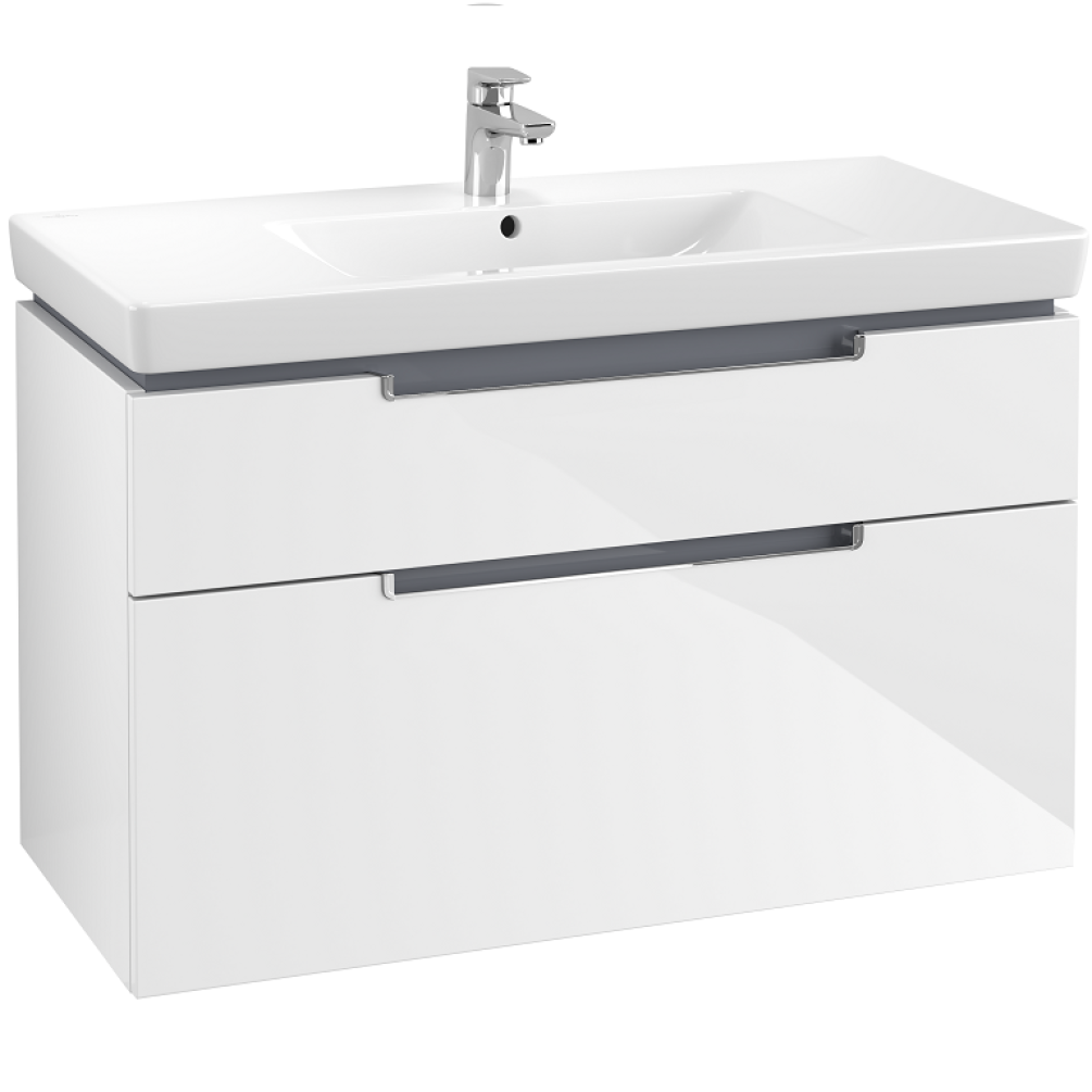 Product cut out image of Villeroy and Boch Subway 2.0 987mm Wall Hung Vanity Unit and Basin in Glossy White on White background A91510DH