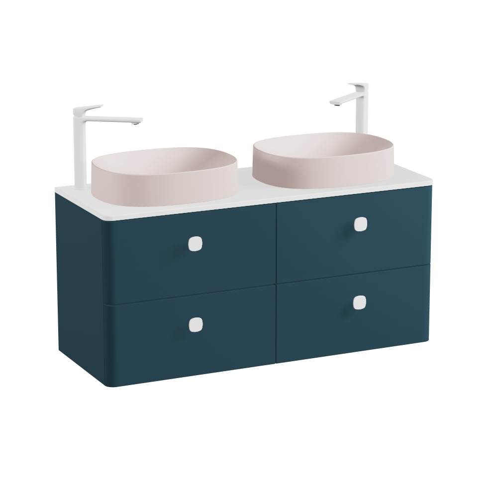 Vado Cameo 1200mm Atlantic Blue Wall Hung 4 Drawer Vanity Unit, Gloss Worktop & Pink Oval Basins
