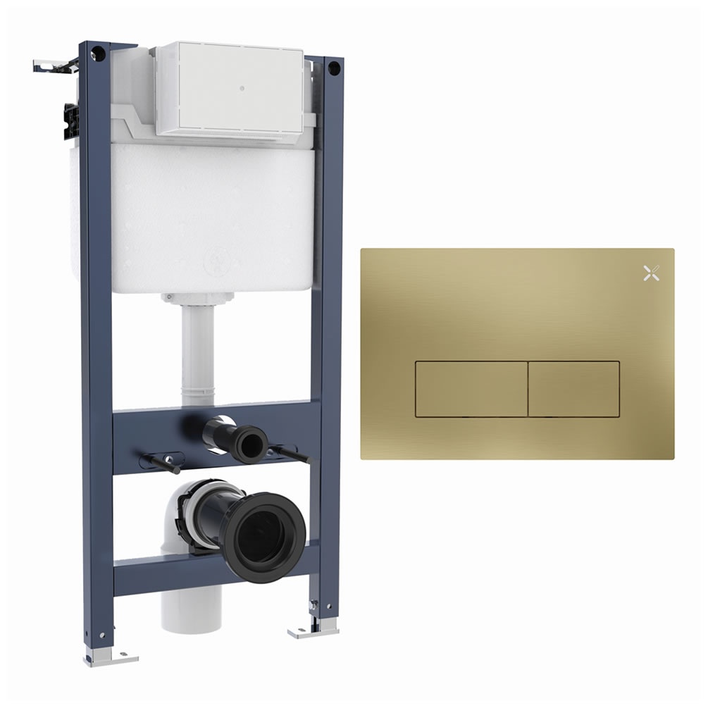 Cutout image of Crosswater 980mm Wall-Hung Cistern Frame & MPRO Brushed Brass Chrome Dual Flush Plate
