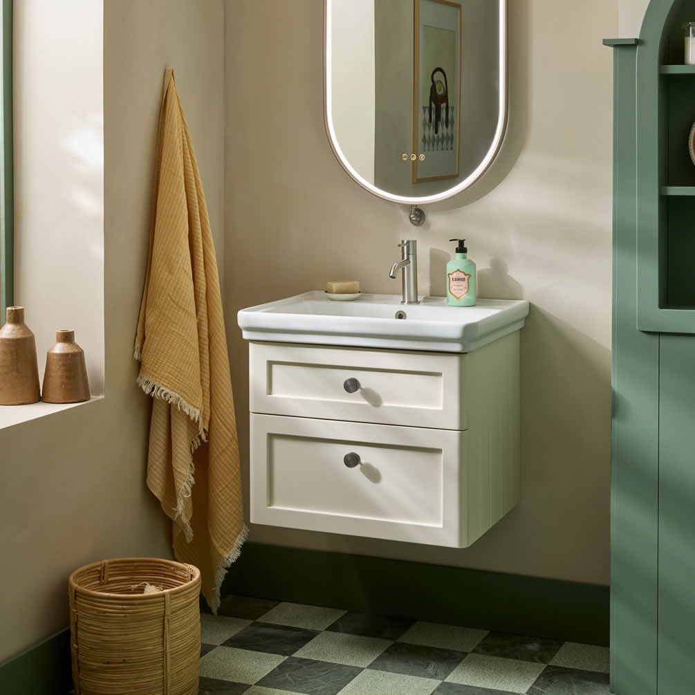 Tavistock Marston 600mm Matt Paper White Wall Mounted Vanity Unit & Basin - Lifestyle Image 1