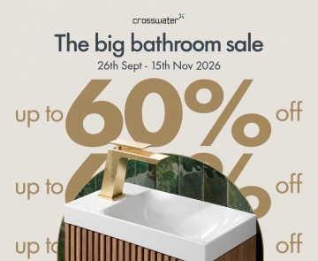 image  of a wooden vanity unit with brushed brass on coloured background with up to 60% off text and the big bathroom sale along with crosswater logo