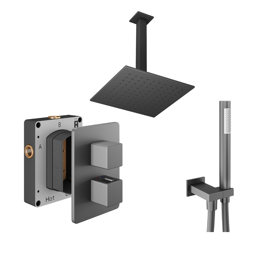 Product Cut out image of the Abacus Square Anthracite 2 Outlet Shower Pack with Ceiling Head & Handset