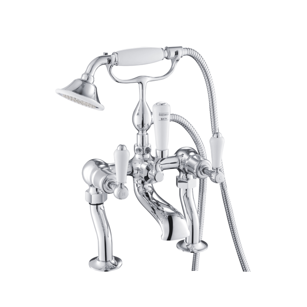 Photo of JTP Grosvenor Lever Chrome Deck Mounted Bath Shower Mixer with Kit - White Lever Cutout