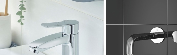 A montage showcasing a deck mounted basin mixer, wall mounted basin tap, and freestanding bath mixer