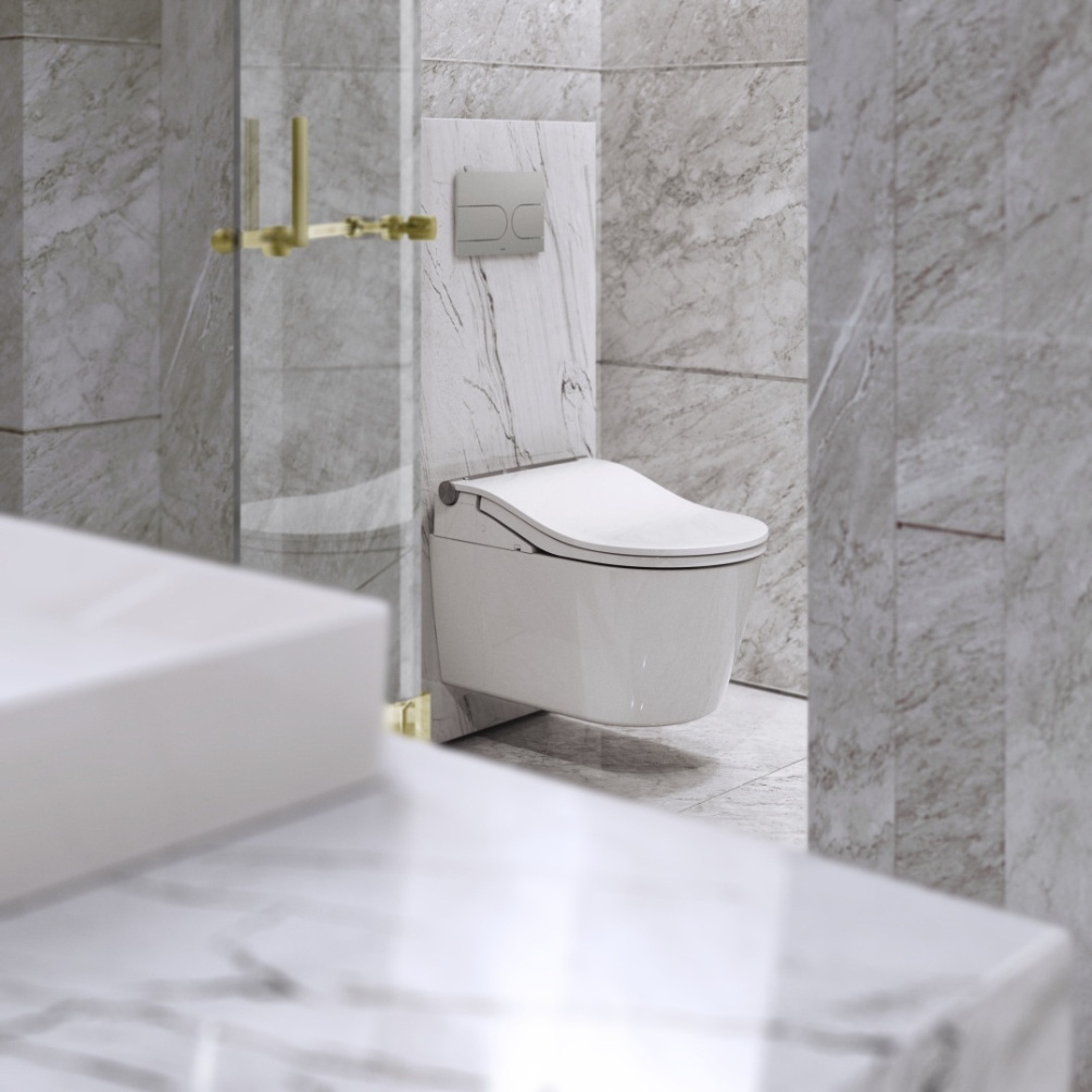Lifestyle image of the TOTO Washlet RW Auto Flush Rimless Wall Hung Toilet mounted on a bathroom wall with a grey flush plate