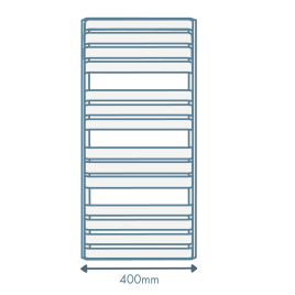 iconography image of a towel radiator with an arrow underneath & text saying 400mm showing 400mm wide bathroom radiators and towel rails