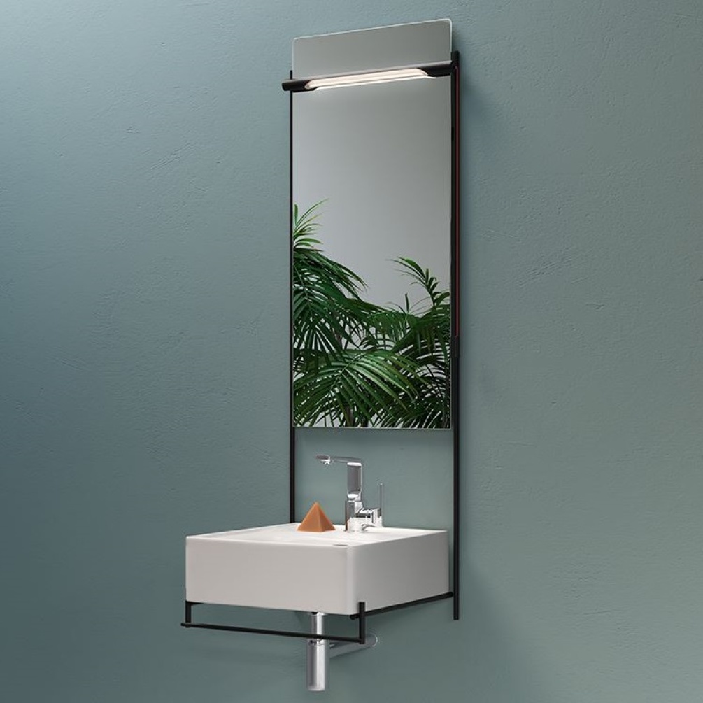 Product Lifestyle Image photo of VitrA Designer Equal Flat Rectangular LED Illuminated Bathroom Mirror 400mm in grey bathroom with wall mounted basin with towel rail 64103