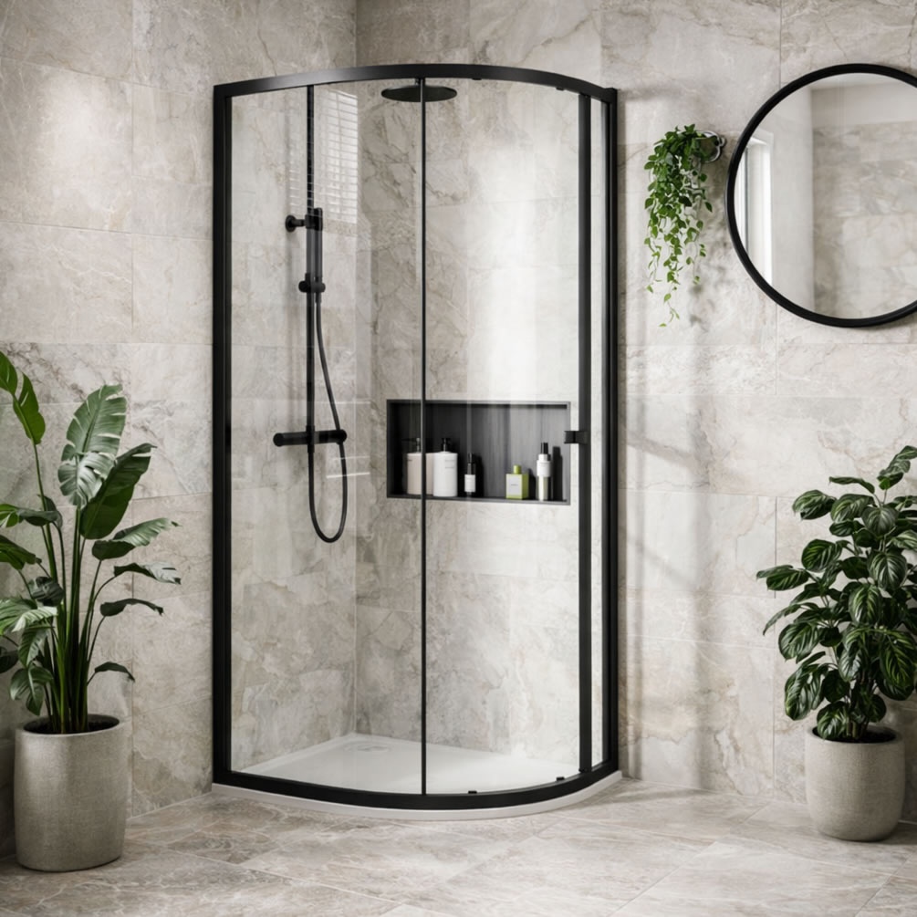 Lifestyle image of Dune Matt Black 1200 x 900mm Offset Shower Quadrant