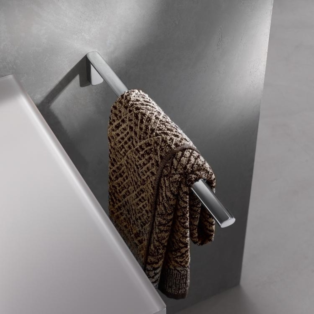 Product Lifestyle image of Keuco Edition 400 Chrome Single Arm Towel Holder 11520 010000/11522 010000 with a towel