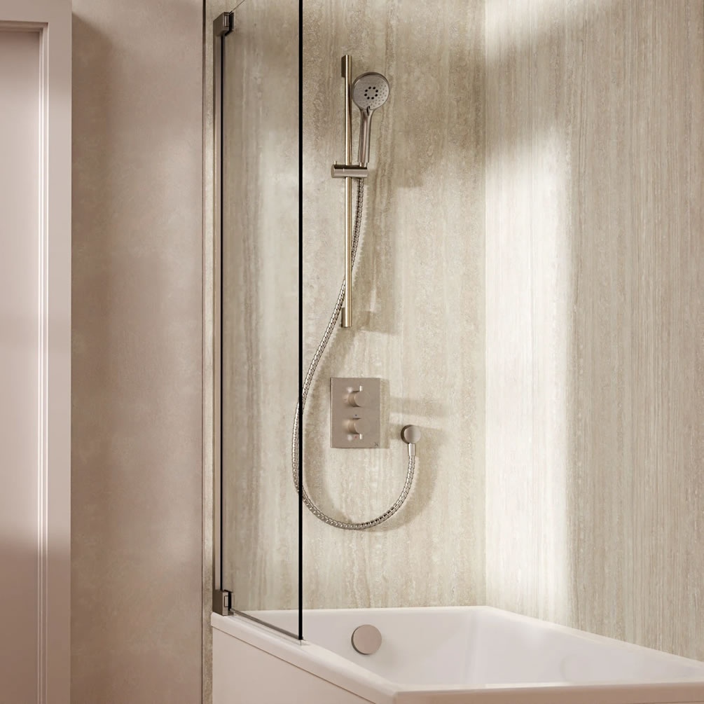 Lifestyle image of Crosswater Crossbox Brushed Nickel Dual Outlet Slide Rail Shower Bath Set
