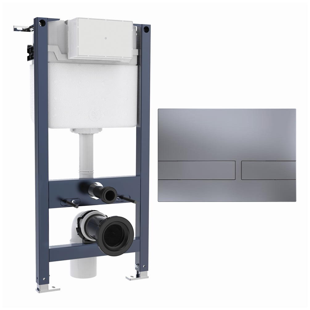 Cutout image of Crosswater 980mm Wall-Hung Cistern Frame & Venue Brushed Nickel Dual Flush Plate