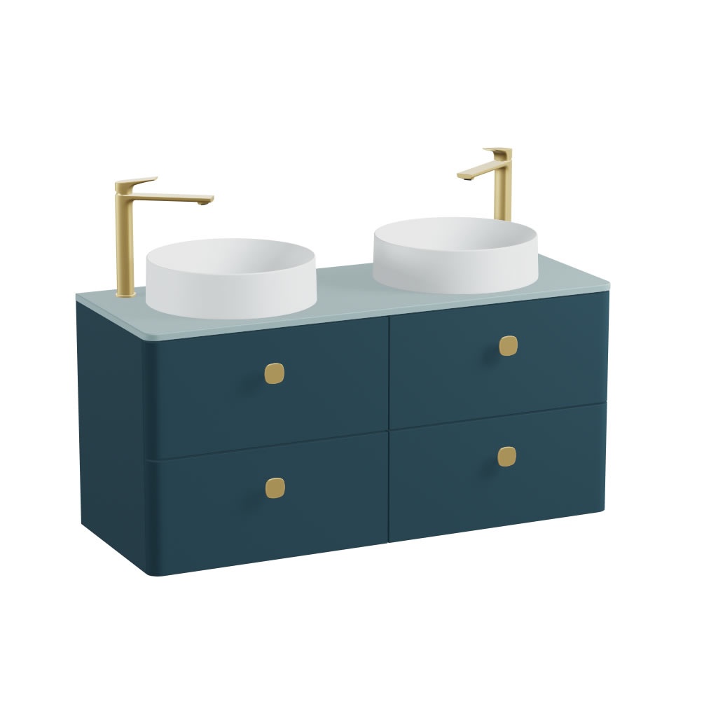 Vado Cameo 1200mm Atlantic Blue Wall Hung 4 Drawer Vanity Unit, Cove Blue Worktop & Arctic White Basins
