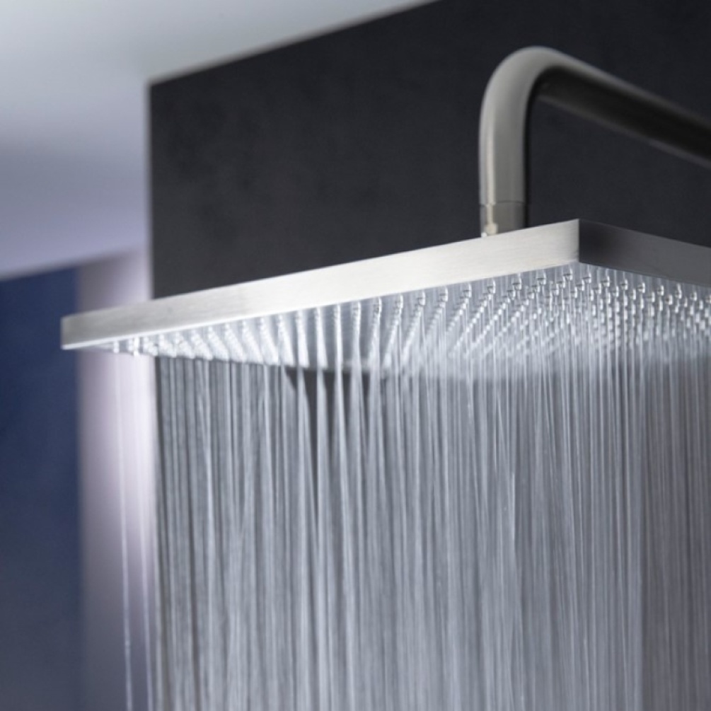 Close up product lifestyle image of the Crosswater Tranquil 300 Brushed Stainless Steel Shower Head