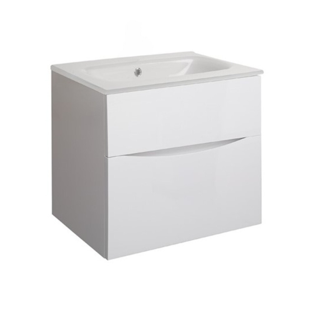 Product Cut out image of the Crosswater Glide II White Gloss 600mm Double Drawer Unit with Ice White Glass 0 Tap Hole Basin