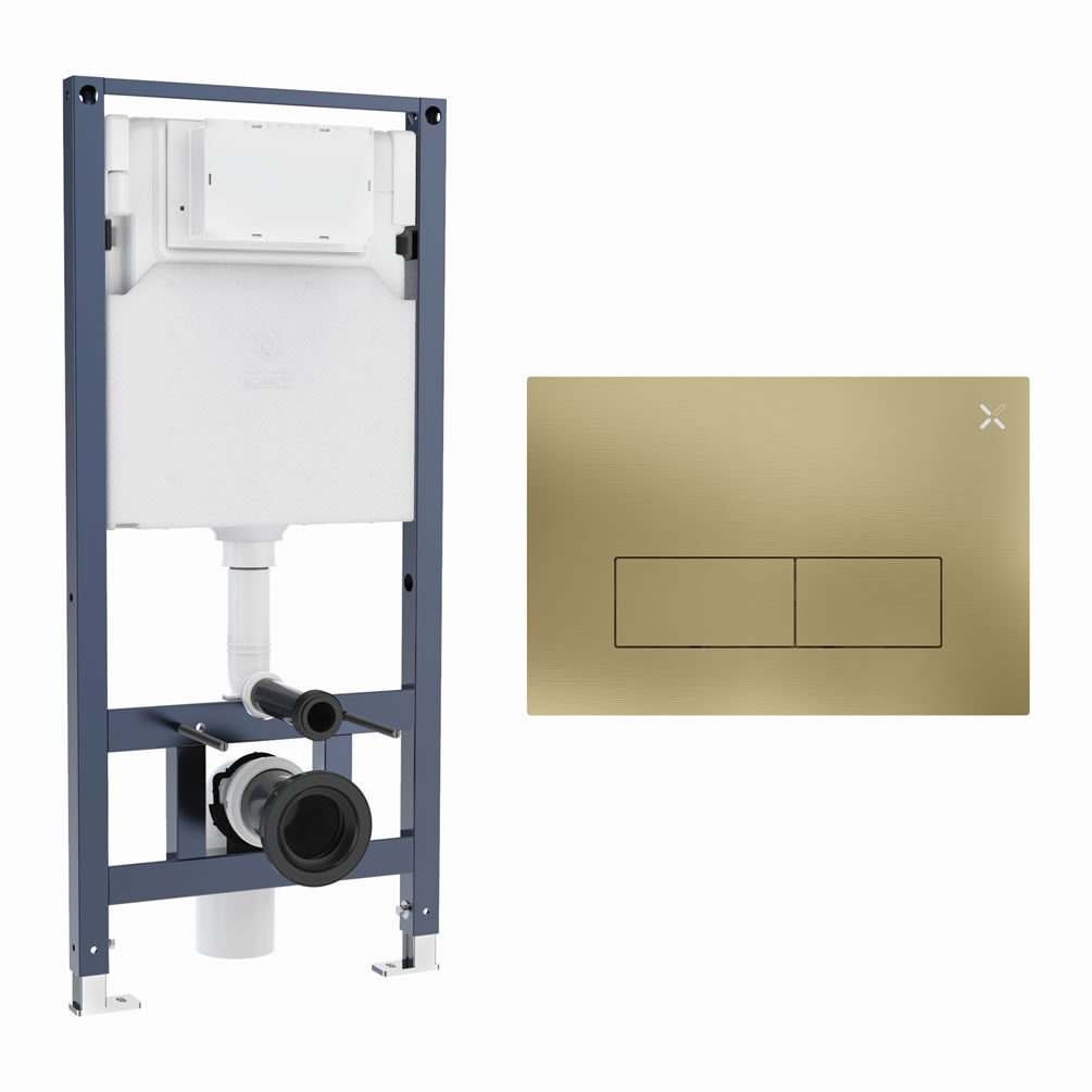 Cutout image of Crosswater 1120mm Wall-Hung Cistern Frame & MPRO Stainless Steel Brushed Brass Dual Flush Plate