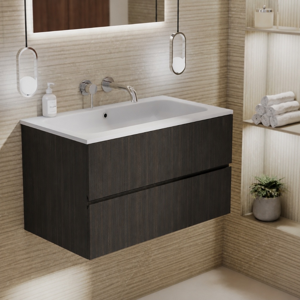 product lifestyle image of zero eucalypto dark wood 800mm wall hung vanity unit and matt white basin in bathroom setting