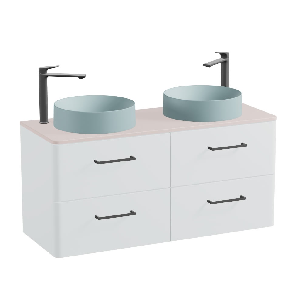 Vado Cameo 1200mm Arctic White Wall Hung 4 Drawer Vanity Unit, Pink Worktop & Cove Blue Basins