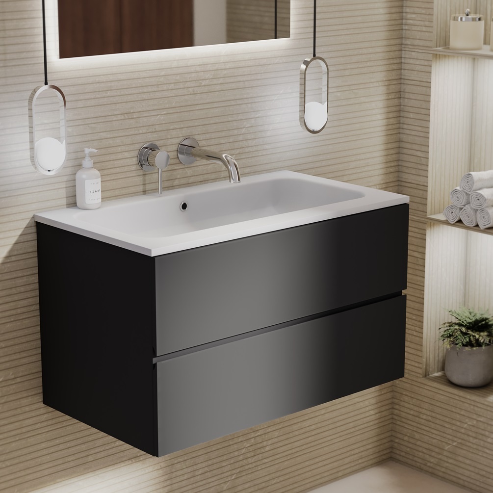 zero matt black 800mm matt black wall hung vanity unit and matt white basin