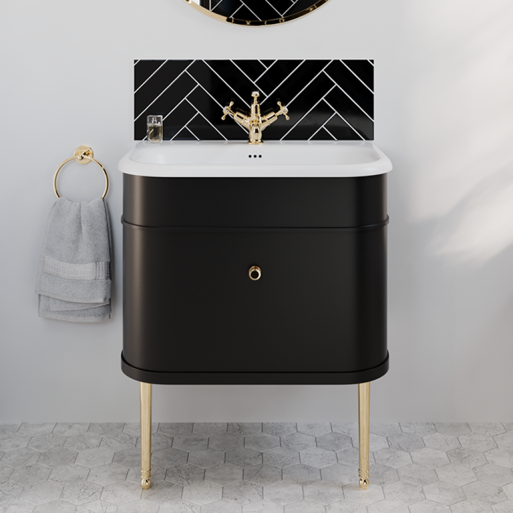 Product Lifestyle image of the Burlington Chalfont 650mm Basin & Matt Black Wall Hung Unit with gold legs