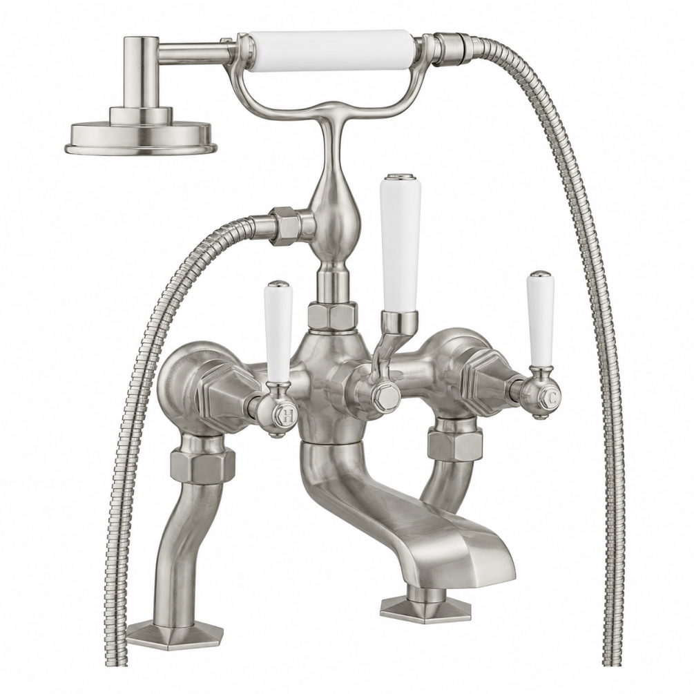 Cut out image of the Crosswater Waldorf Brushed Nickel Deck Mounted White Lever Bath Shower Mixer