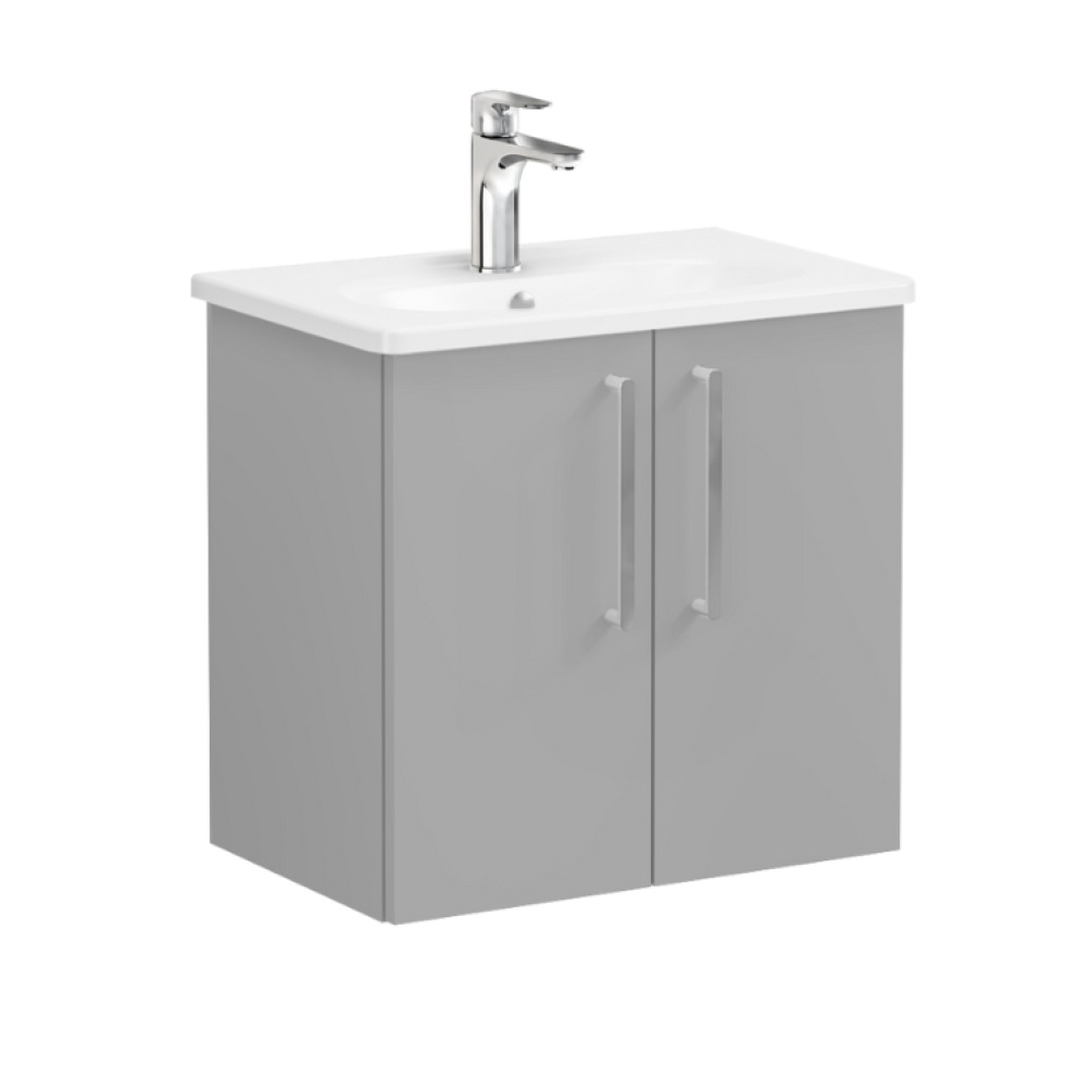 Product Cut out image of VitrA Root Flat Rock Grey 600mm Compact Washbasin Unit 67836 with chrome handles