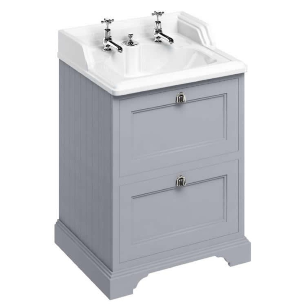 Product Cut out image of the Burlington Classic 650mm Basin with Invisible Overflow & Classic Grey Freestanding Vanity Unit with Drawers