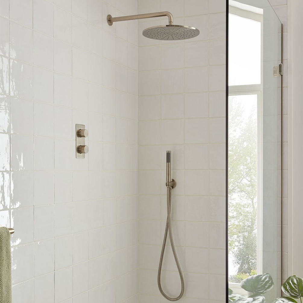 Lifestyle image of Vado Individual Brushed Nickel Dual Outlet Shower Set