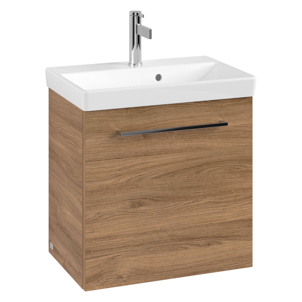 Cutout image of Villeroy & Boch Avento Kansas Oak 550mm Wall-Hung Basin Vanity Unit chrome handle