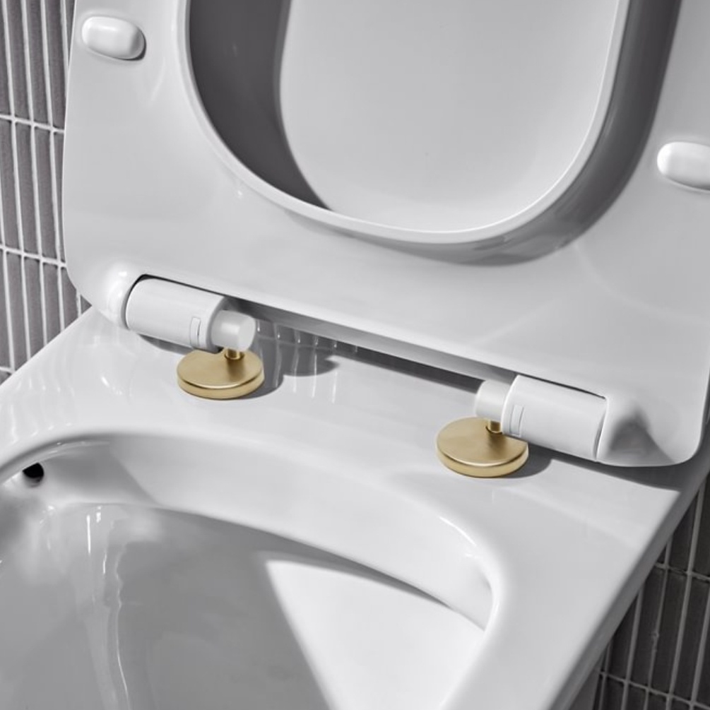 Lifestyle image of the Tavistock Orbit Brushed Brass Toilet Seat Hinge Cover Caps
