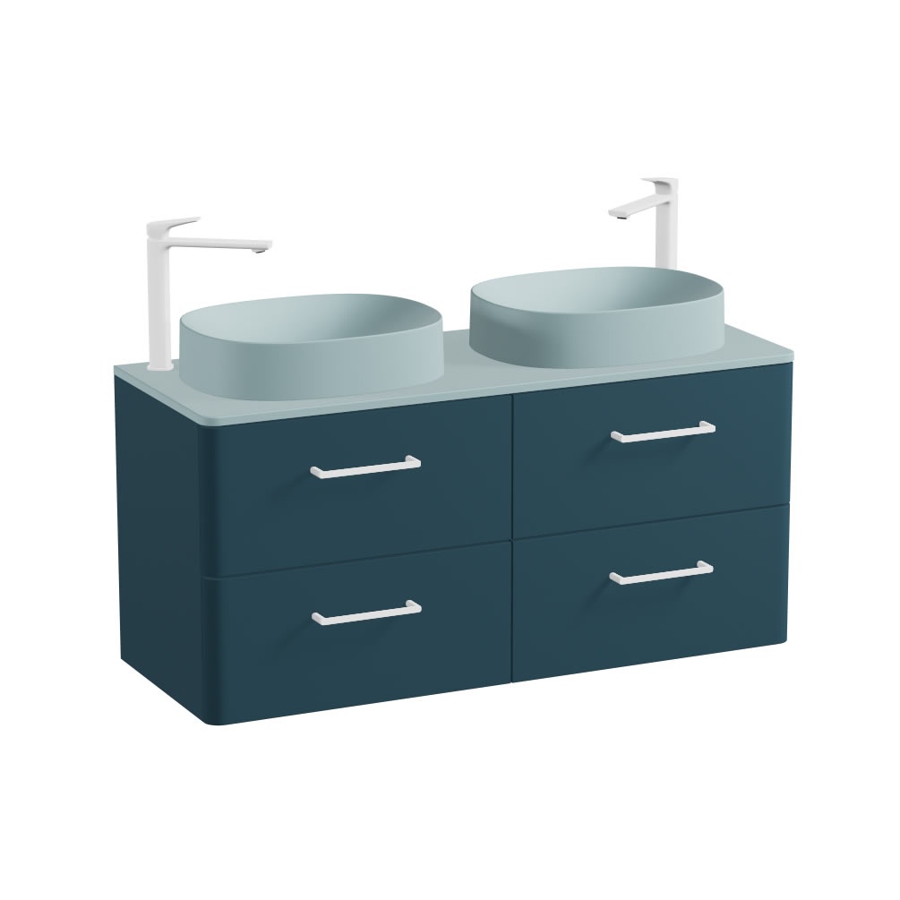 Vado Cameo 1200mm Atlantic Blue Wall Hung 4 Drawer Vanity Unit, Cove Blue Worktop & Oval Basins