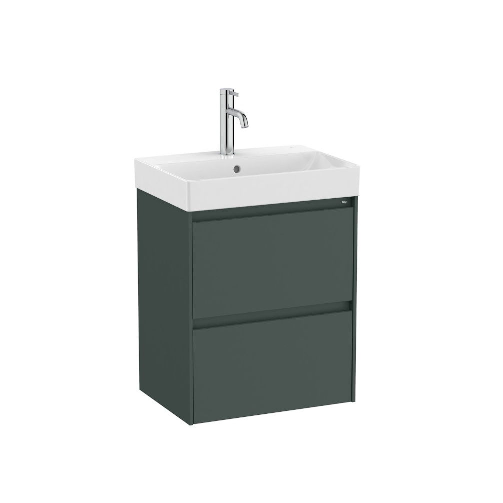Cut out image of Roca Ona Compact 500mm x 360mm Matt Green Wall Hung 2 Drawer Cloakroom Vanity Unit & Basin