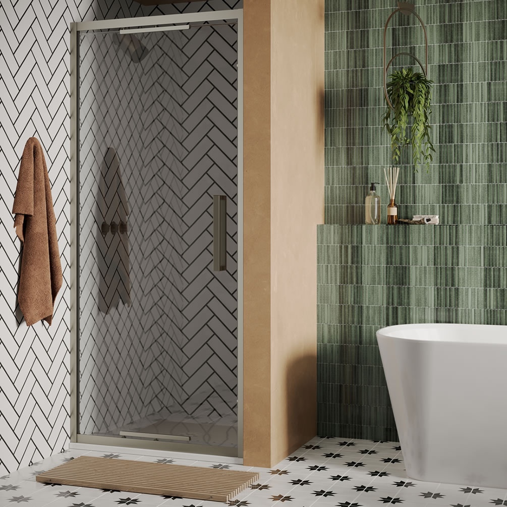 Lifestyle image of Crosswater Asura 8 Brushed Stainless Steel 900mm Infold Shower Door