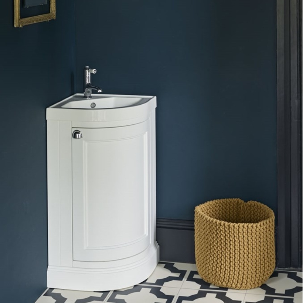 Product Lifestyle image of the Burlington Corner Quattrocast Basin & Matt White Freestanding Vanity Unit