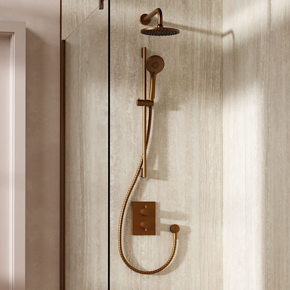 Lifestyle image of Crosswater Crossbox Brushed Bronze Dual Outlet Slide Rail Shower Set
