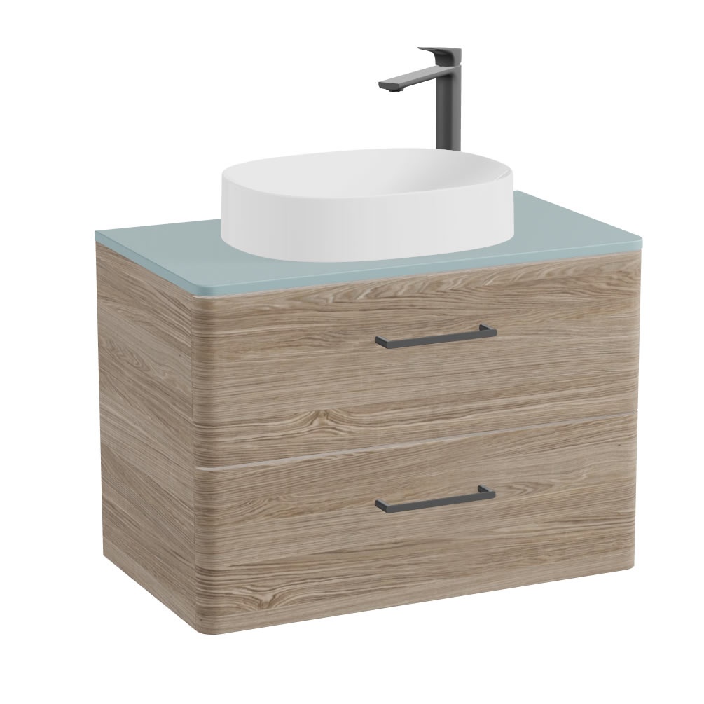 Vado Cameo 800mm Natural Oak Wall Hung 2 Drawer Vanity Unit, Cove Blue Worktop & Gloss Oval Basin