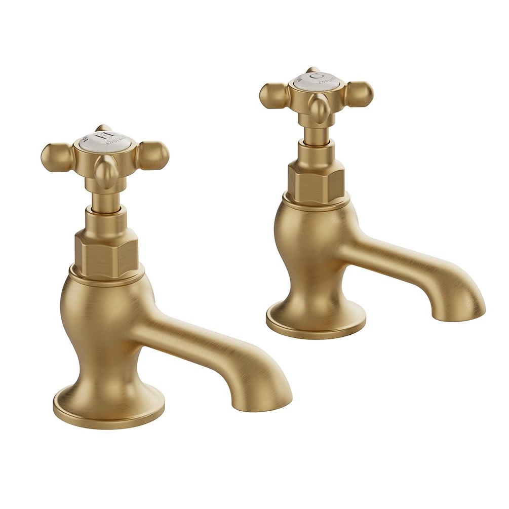 Booth & Co. Axbridge White Cross Brushed Brass Basin Pillar Taps