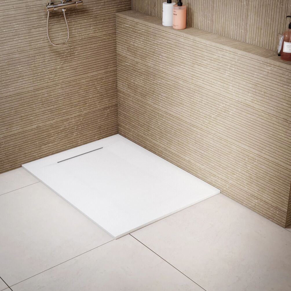 Lifestyle image of the Onyx Zeus Plus White Stone Effect 1200mm x 900mm Shower Tray