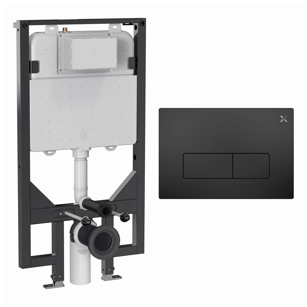 Cutout image of Crosswater 1140mm Slim Wall-Hung Cistern Frame & MPRO Matt Black Dual Flush Plate