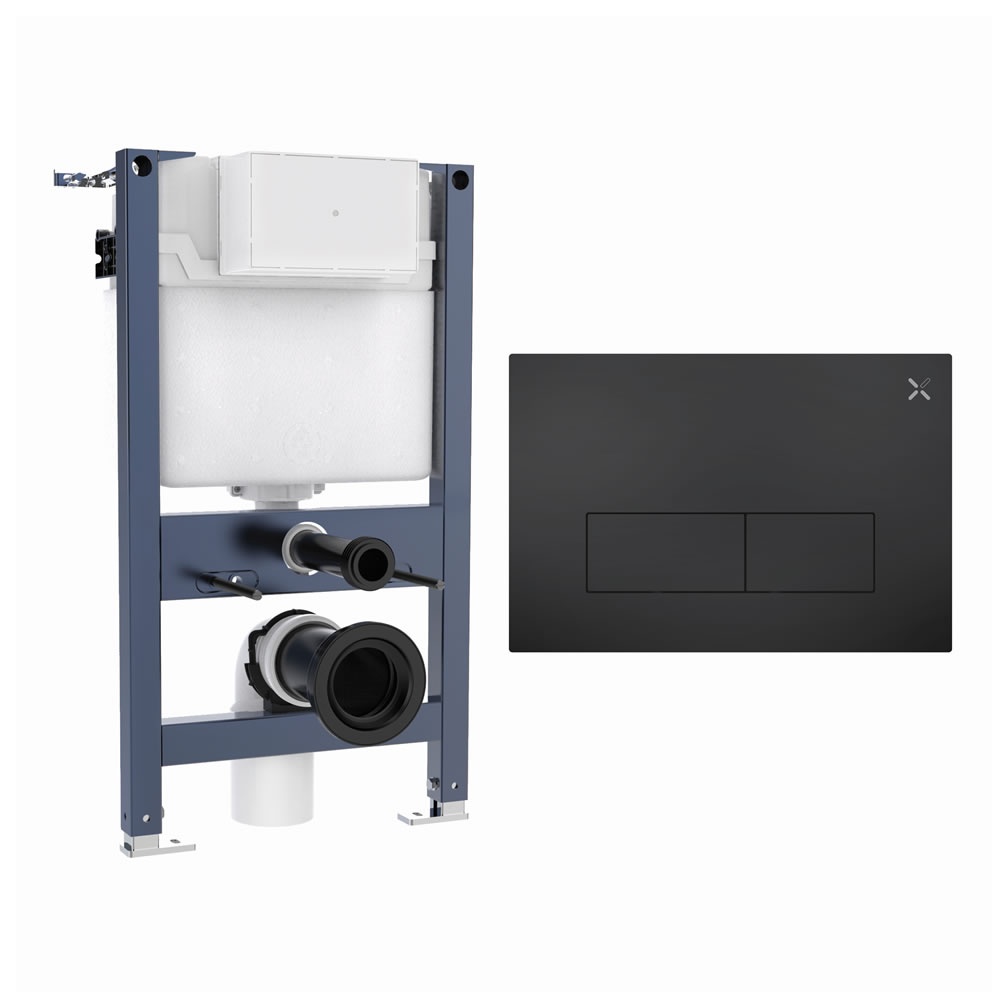 Cutout image of Crosswater 820mm Wall-Hung Cistern Frame & MPRO Stainless Steel Matt Black Dual Flush Plate