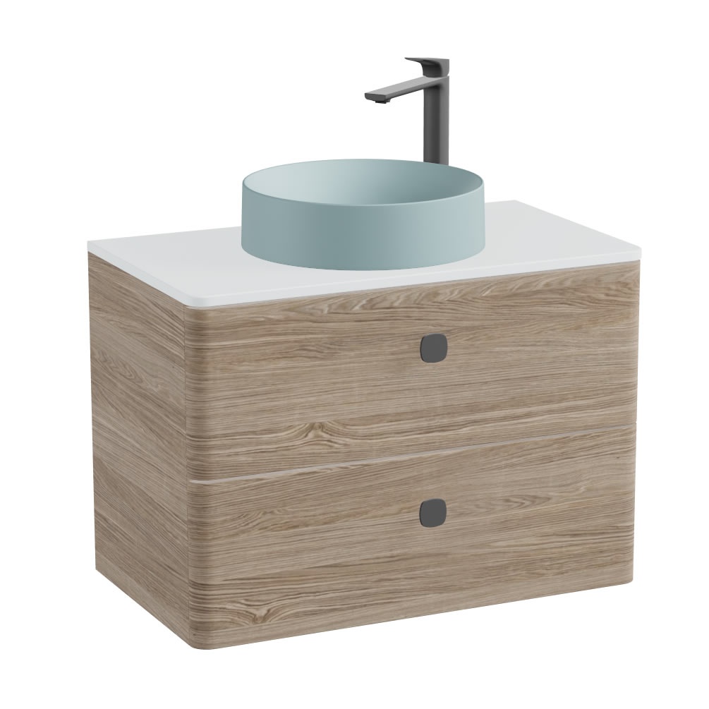 Vado Cameo 800mm Natural Oak Wall Hung 2 Drawer Vanity Unit, Arctic Worktop & Cove Basin