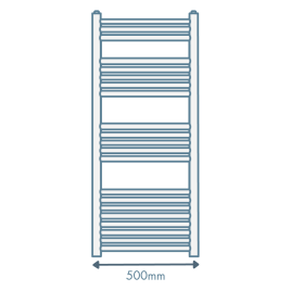 iconography image of a towel radiator with an arrow underneath & text saying 500mm showing 500mm wide bathroom radiators and towel rails
