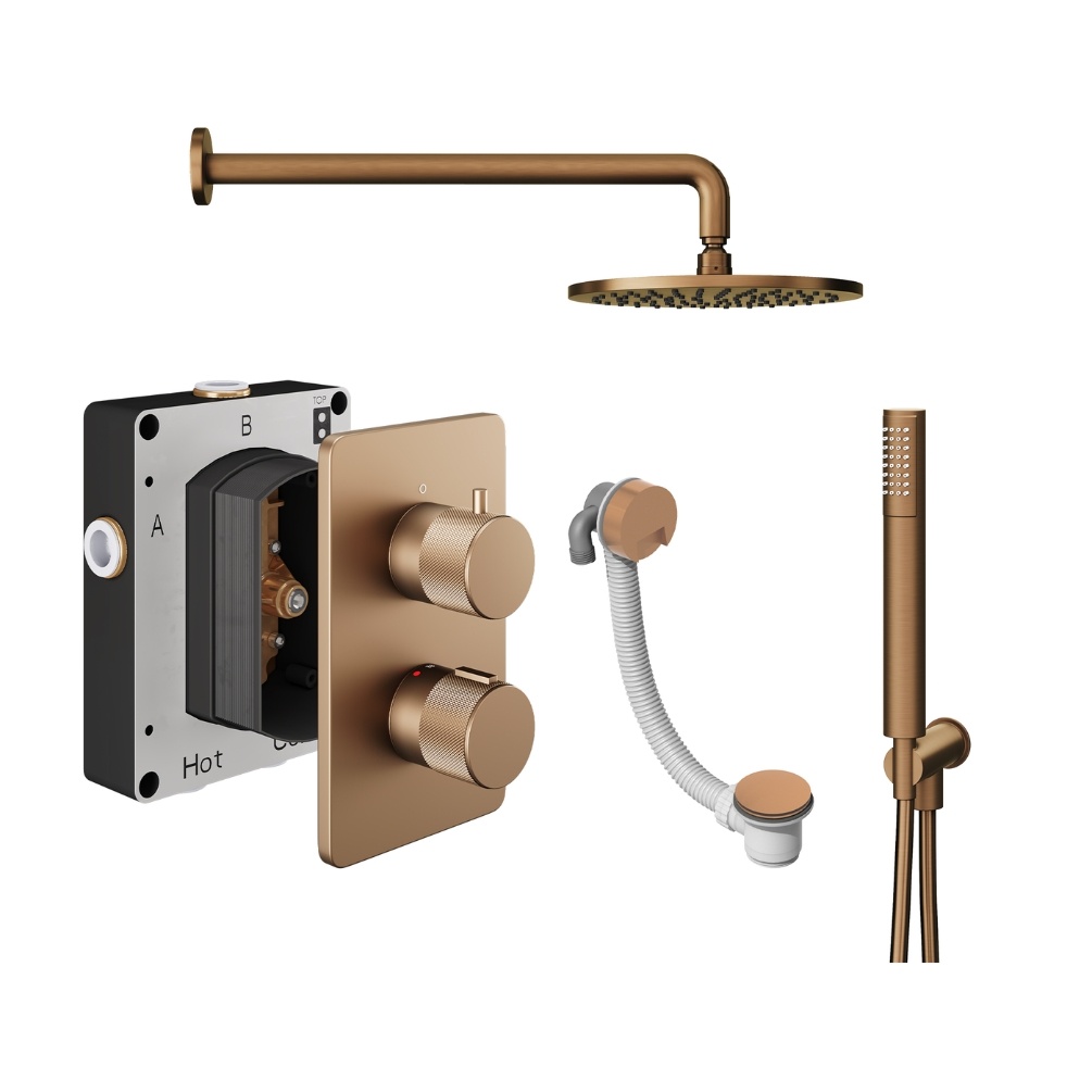 Product Cut out image of the Abacus Iso Pro Brushed Bronze 3 Outlet Shower Pack with Bath Filler & Handset
