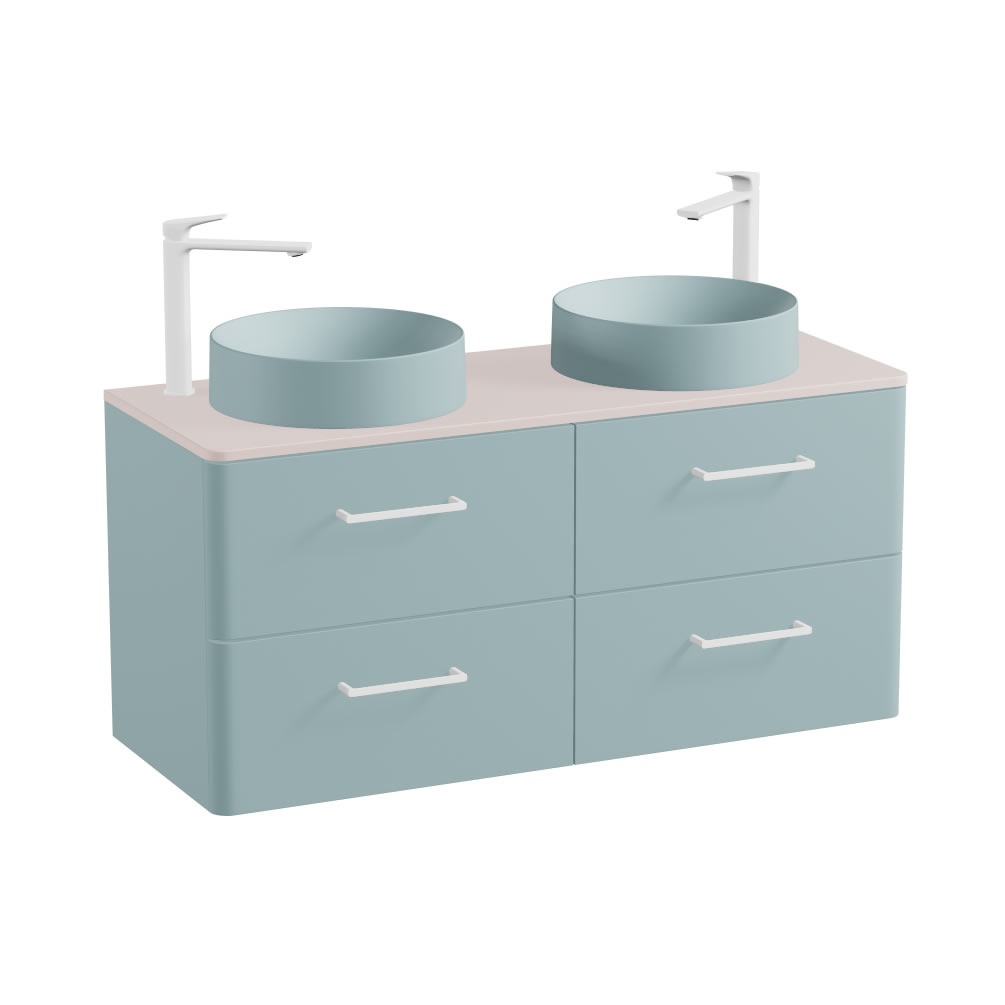 Vado Cameo 1200mm Cove Blue Wall Hung 4 Drawer Vanity Unit, Pink Worktop & Cove Blue Basin