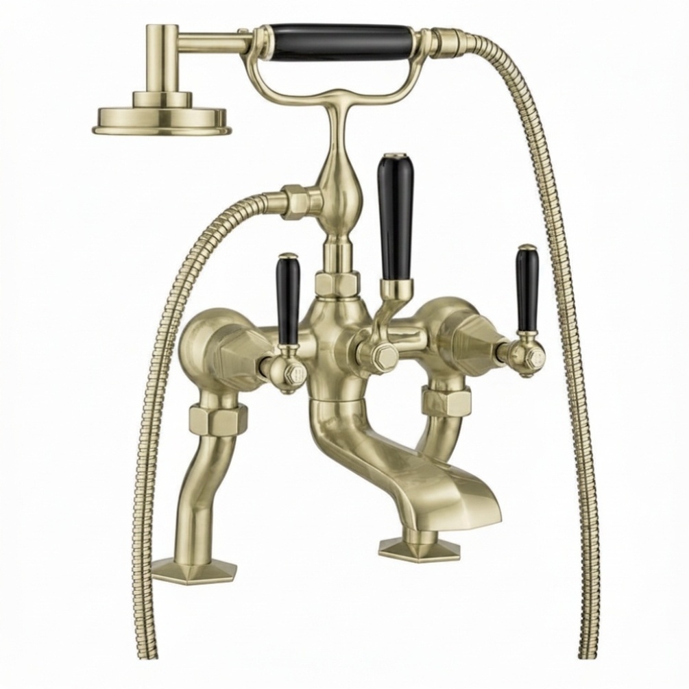 Cut out image of the Crosswater Waldorf Brushed Brass Deck Mounted Black Lever Bath Shower Mixer