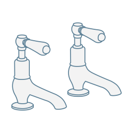 Iconography image of two basin pillar taps showing separate hot and cold water tap in traditional style with lever handle