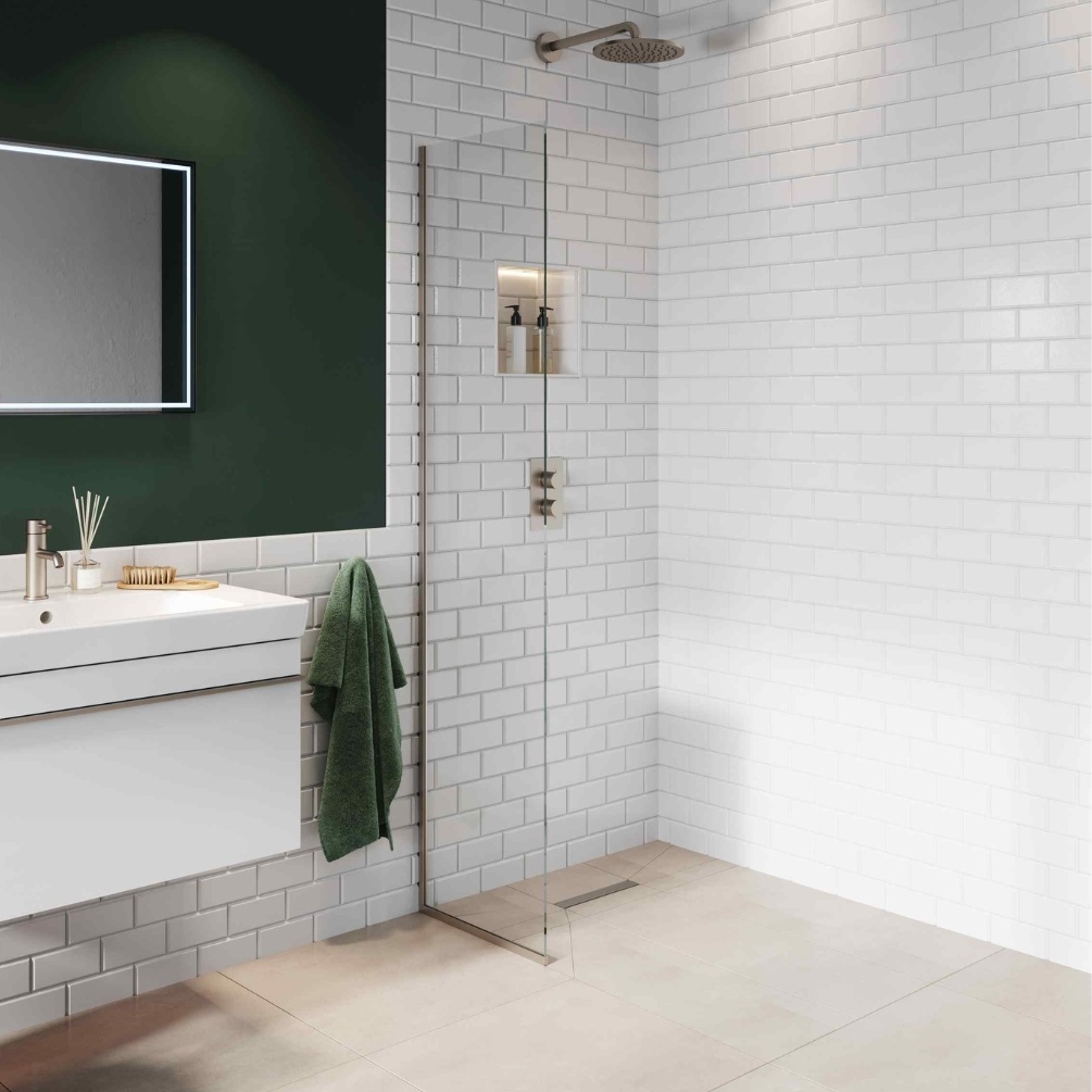Product Lifestyle image of the Abacus Brushed Nickel 290mm Fixed 8mm Wet Room Screen