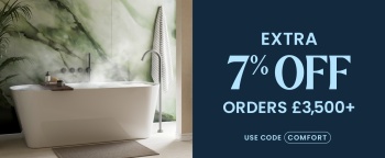 image of a freestanding bath with a dark blue background to the left with words saying extra 5% off everything with code wellness